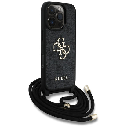 Suojakotelo Apple iPhone 16 Prolle, Guess, 4G CBDY Big Logo with Cord Strap, Musta