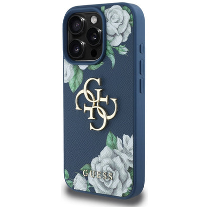 Suojakotelo Apple iPhone 16 Prolle, Guess, 4G Grained Roses Big Logo, Sininen