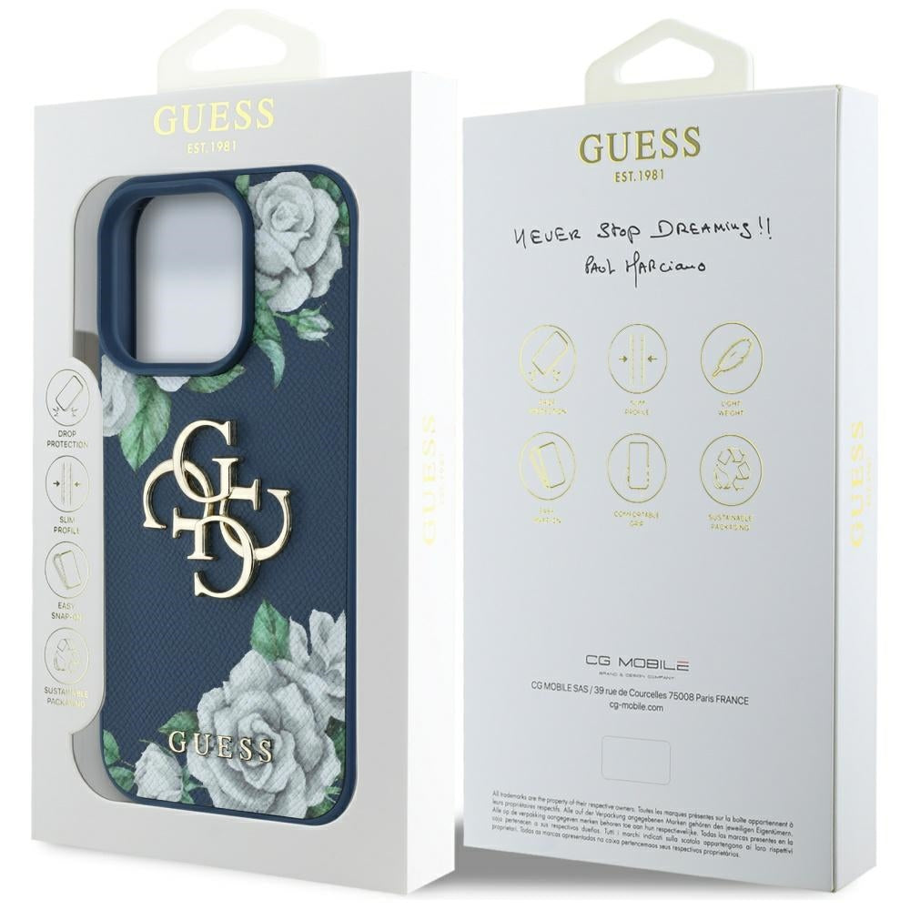 Suojakotelo Apple iPhone 16 Prolle, Guess, 4G Grained Roses Big Logo, Sininen