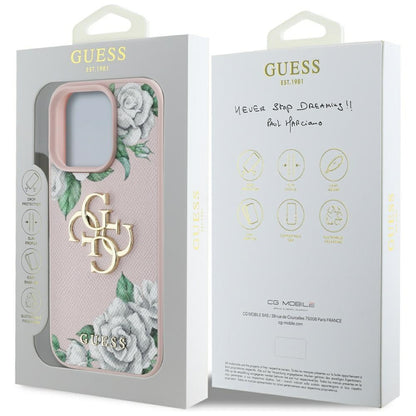 Case for Apple iPhone 16 Pro, Guess, 4G Grained Roses Big Logo, Pink