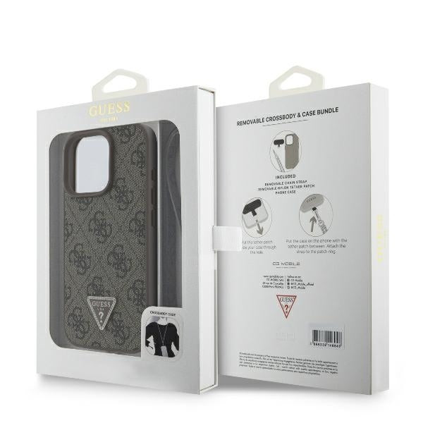 Suojakotelo Apple iPhone 16 Prolle, Guess, Crossbody 4G Triangle Strass, Ruskea