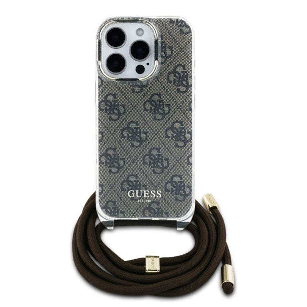 Suojakotelo Apple iPhone 16 Prolle, Guess, Crossbody Cord 4G Print, Ruskea