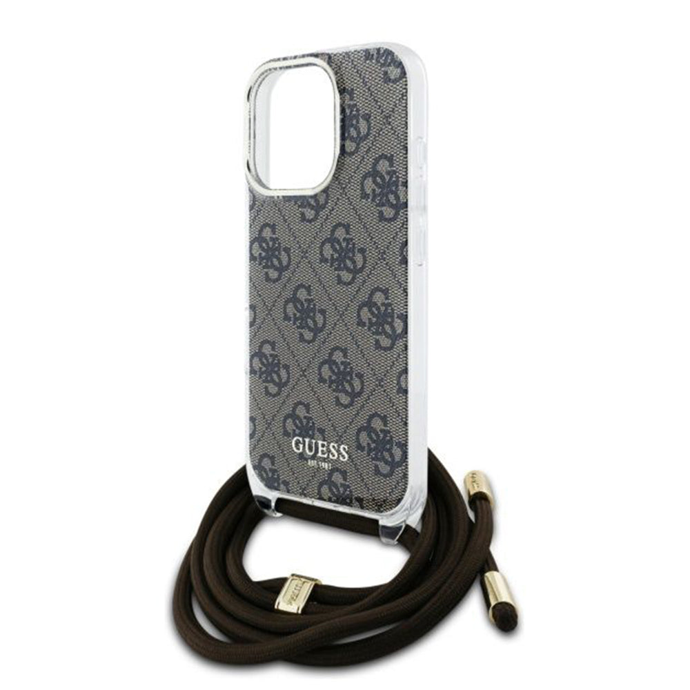 Suojakotelo Apple iPhone 16 Prolle, Guess, Crossbody Cord 4G Print, Ruskea