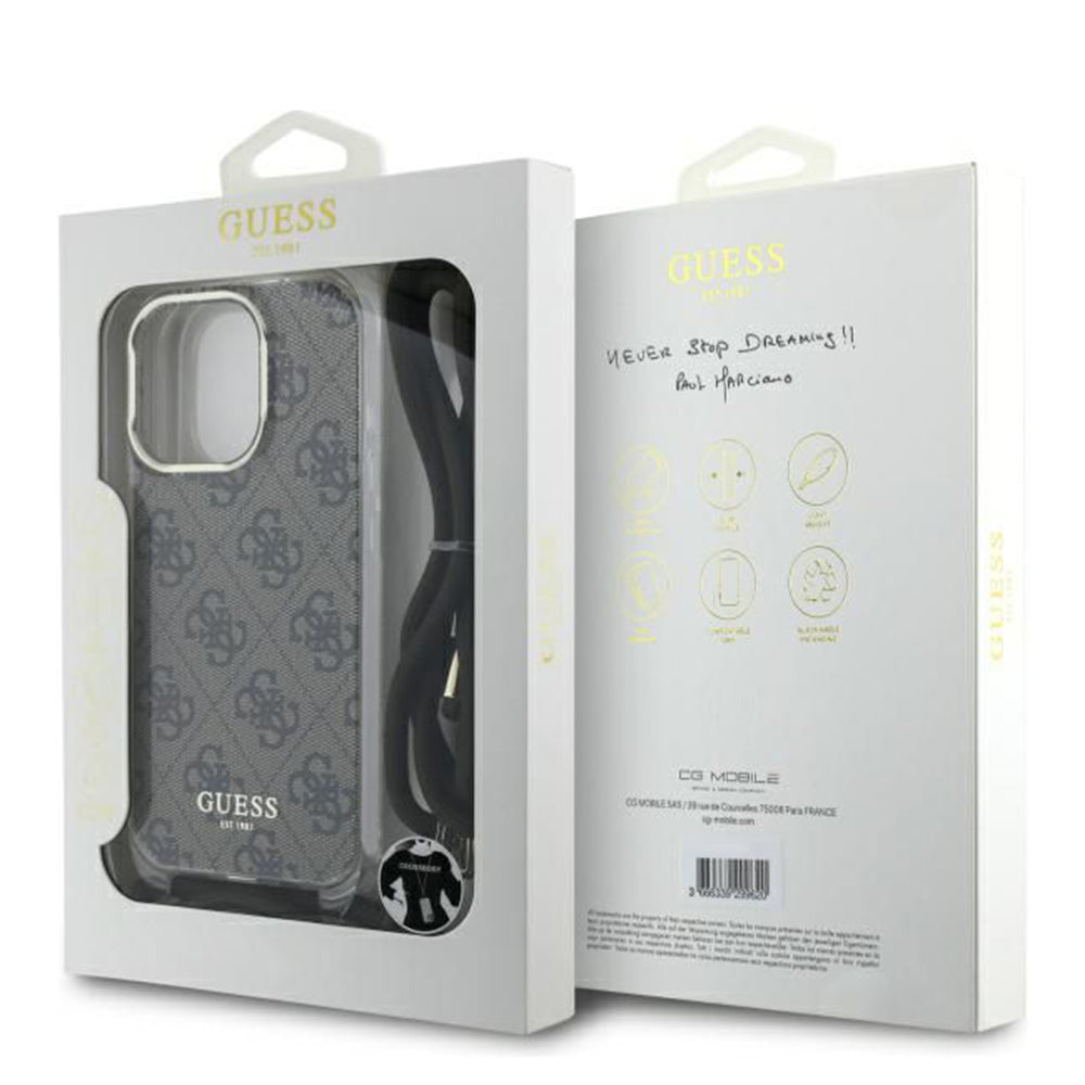 Suojakotelo Apple iPhone 16 Prolle, Guess, Crossbody Cord 4G Print, Ruskea