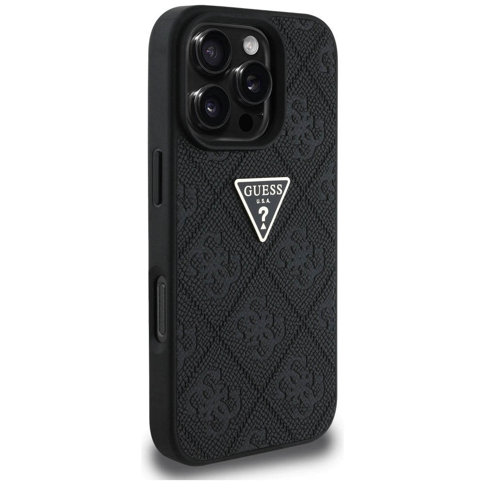 Case for Apple iPhone 16 Pro, Guess, Hot Stamp 4G Pattern Triangle Logo, Black