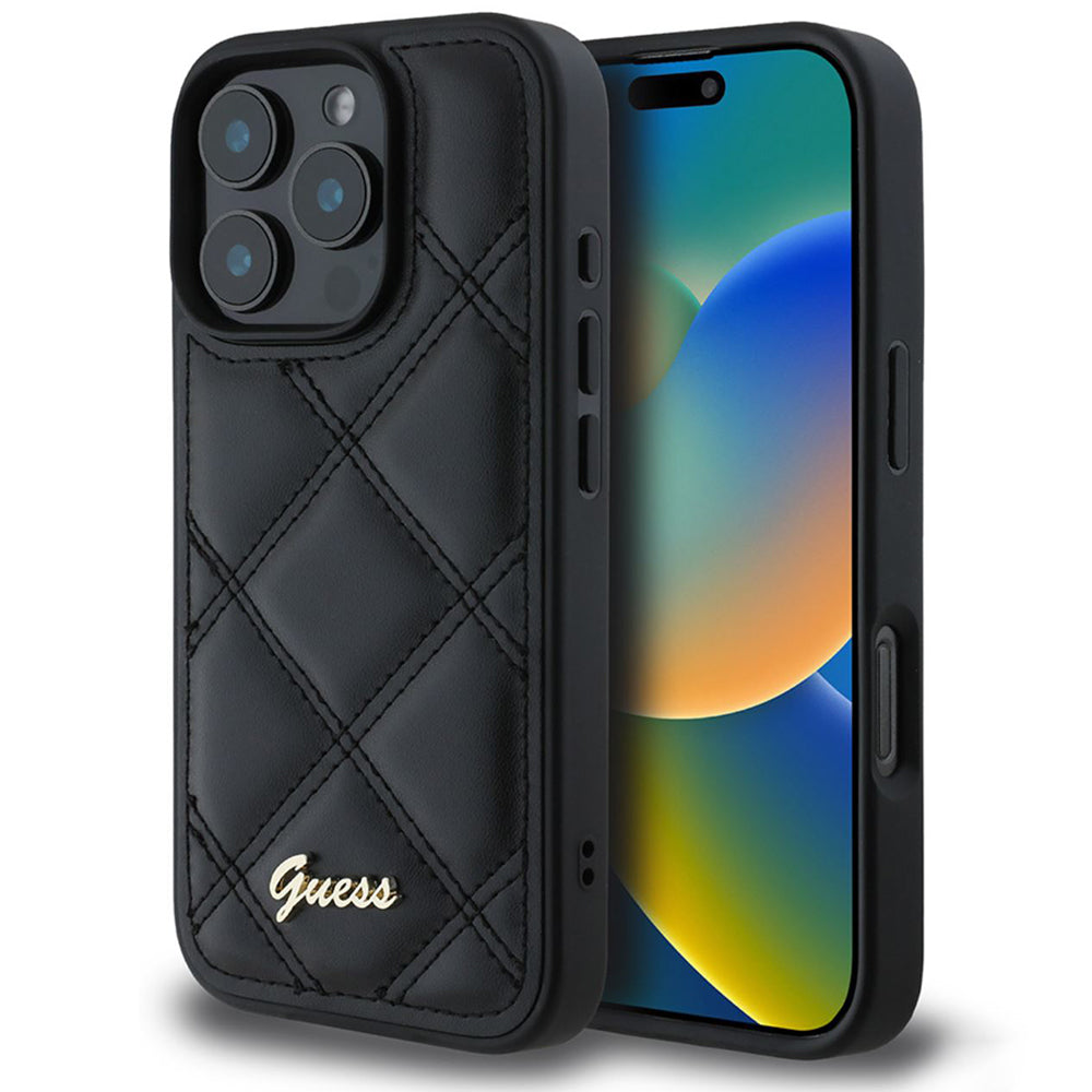 Kotelo Apple iPhone 16 Prolle, Guess, Quilted Metal Logo, Musta