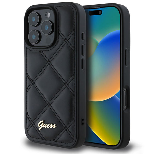 Kotelo Apple iPhone 16 Prolle, Guess, Quilted Metal Logo, Musta