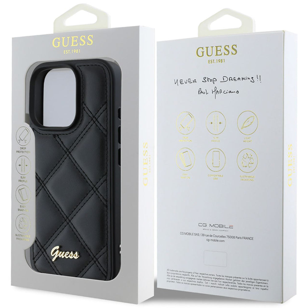 Kotelo Apple iPhone 16 Prolle, Guess, Quilted Metal Logo, Musta