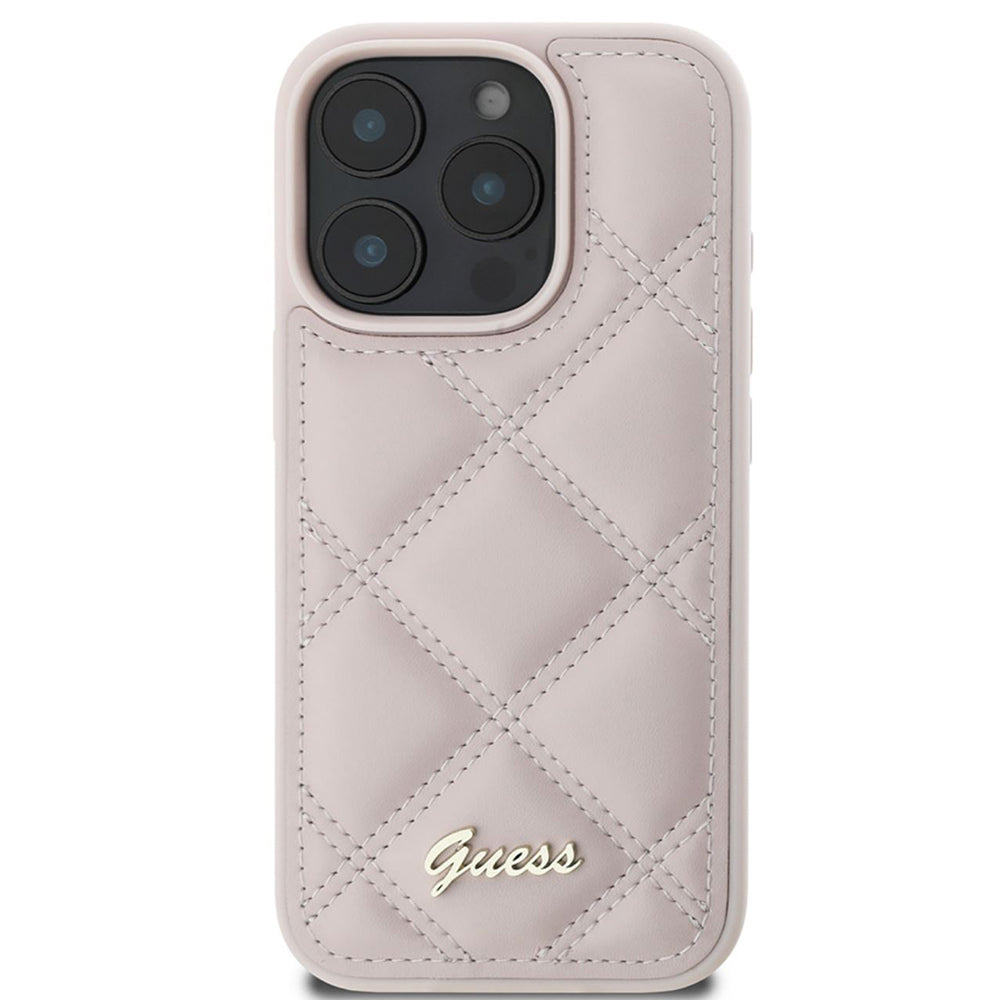 Kotelo Apple iPhone 16 Prolle, Guess, Quilted Metal Logo, Pinkki