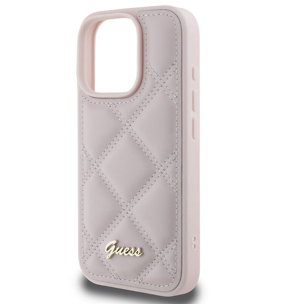Kotelo Apple iPhone 16 Prolle, Guess, Quilted Metal Logo, Pinkki