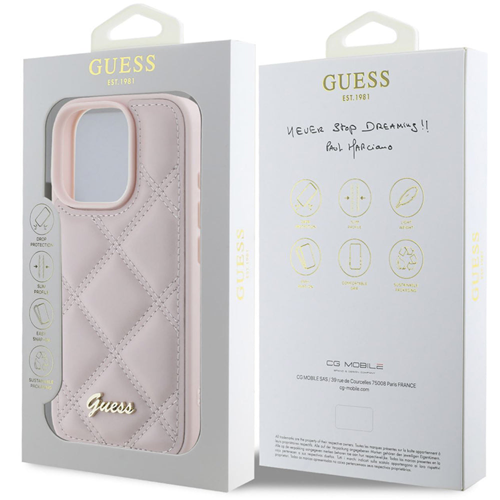 Kotelo Apple iPhone 16 Prolle, Guess, Quilted Metal Logo, Pinkki