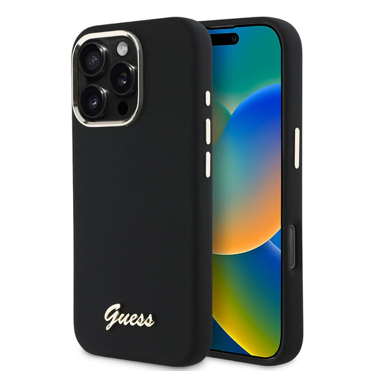 Kotelo Apple iPhone 16 Prolle, Guess, Script Metal Logo & Frame, Musta
