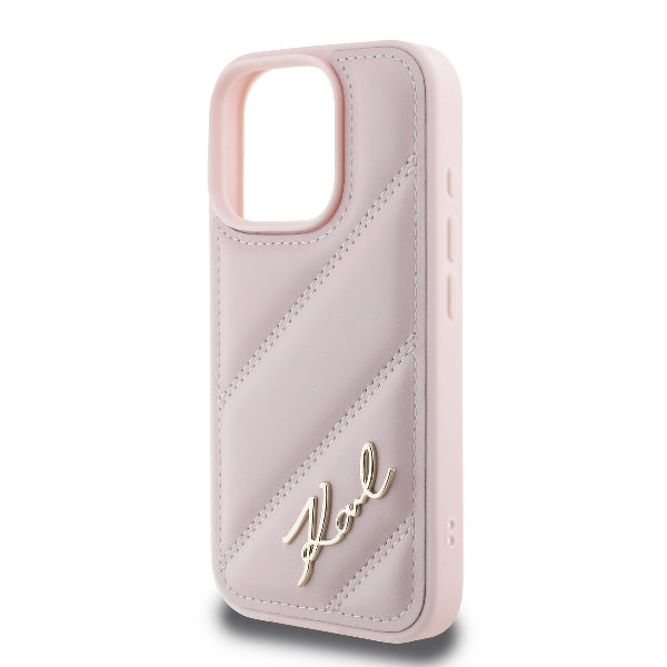 Kotelo Apple iPhone 16 Prolle, Karl Lagerfeld, Diagonal Quilted Script, Pinkki