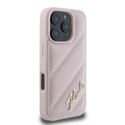 Kotelo Apple iPhone 16 Prolle, Karl Lagerfeld, Diagonal Quilted Script, Pinkki