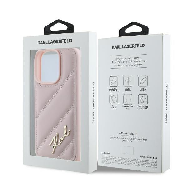 Kotelo Apple iPhone 16 Prolle, Karl Lagerfeld, Diagonal Quilted Script, Pinkki