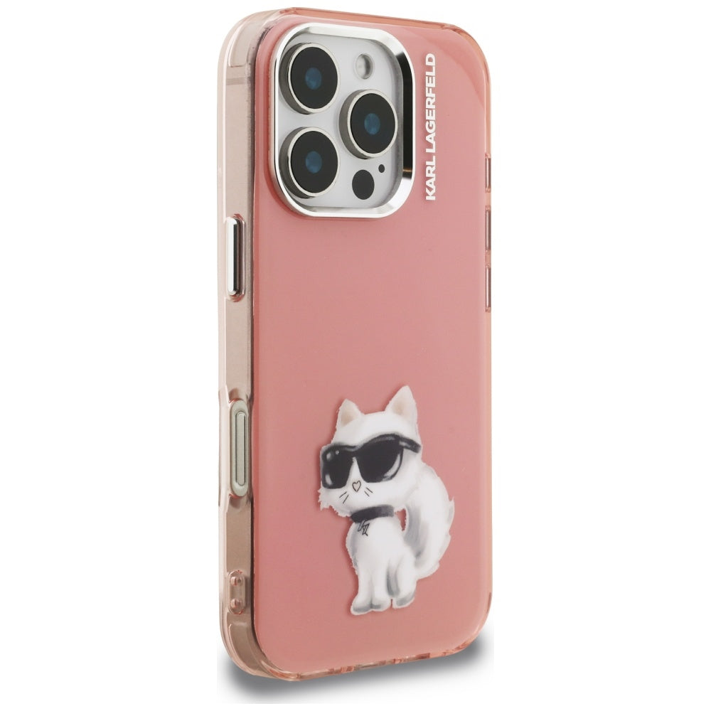 Kotelo Apple iPhone 16 Prolle, Karl Lagerfeld, IML Aquarelle Logo Choupette, Pinkki