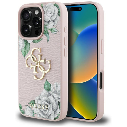 Suojakotelo Apple iPhone 16 Pro Max, Guess, 4G Grained Roses Big Logo, Pinkki