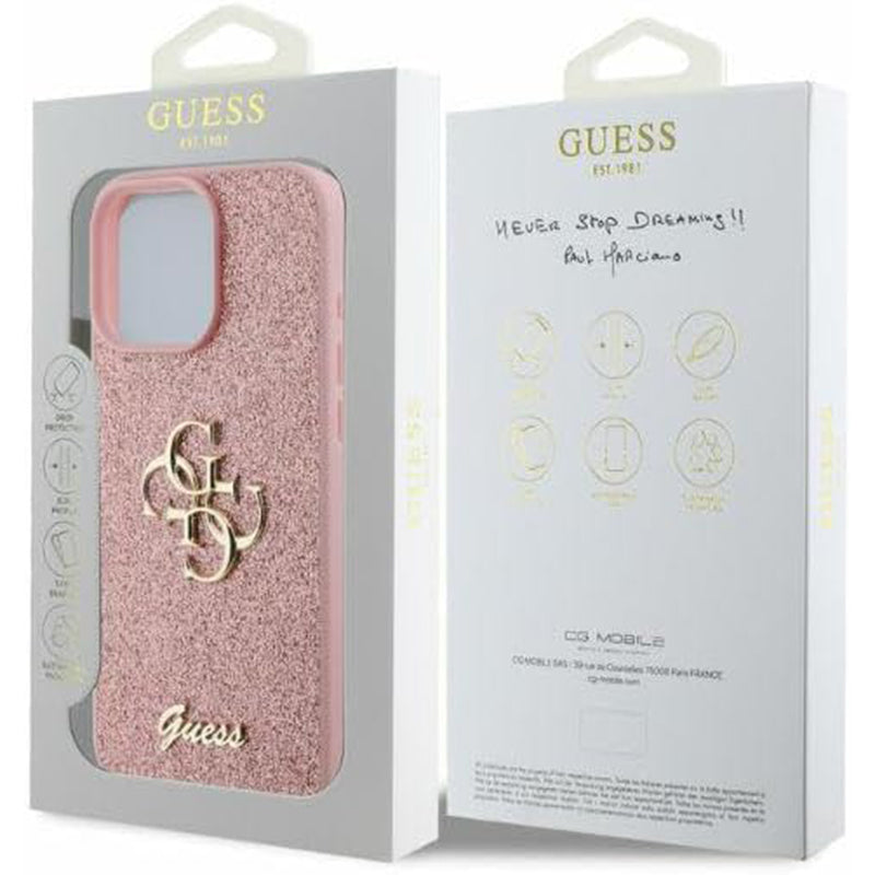 Suojakotelo Apple iPhone 16 Pro Max, Guess, Fixed Glitter Big 4G, Pinkki