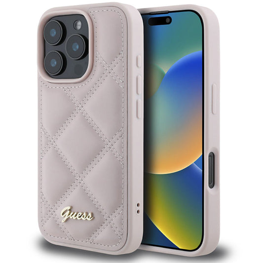 Kotelo Apple iPhone 16 Pro Maxille, Guess, Quilted Metal Logo, Pinkki