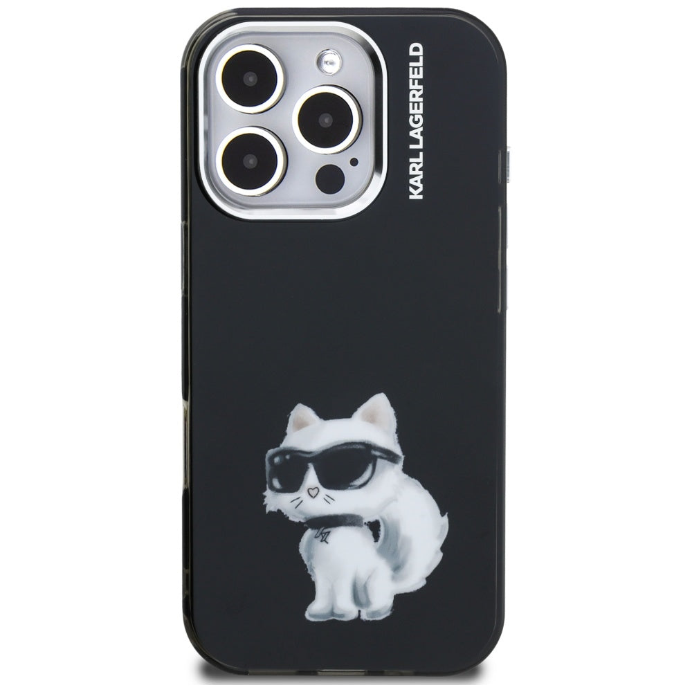 Kotelo Apple iPhone 16 Pro Max:lle, Karl Lagerfeld, IML Aquarelle Logo Choupette, Musta