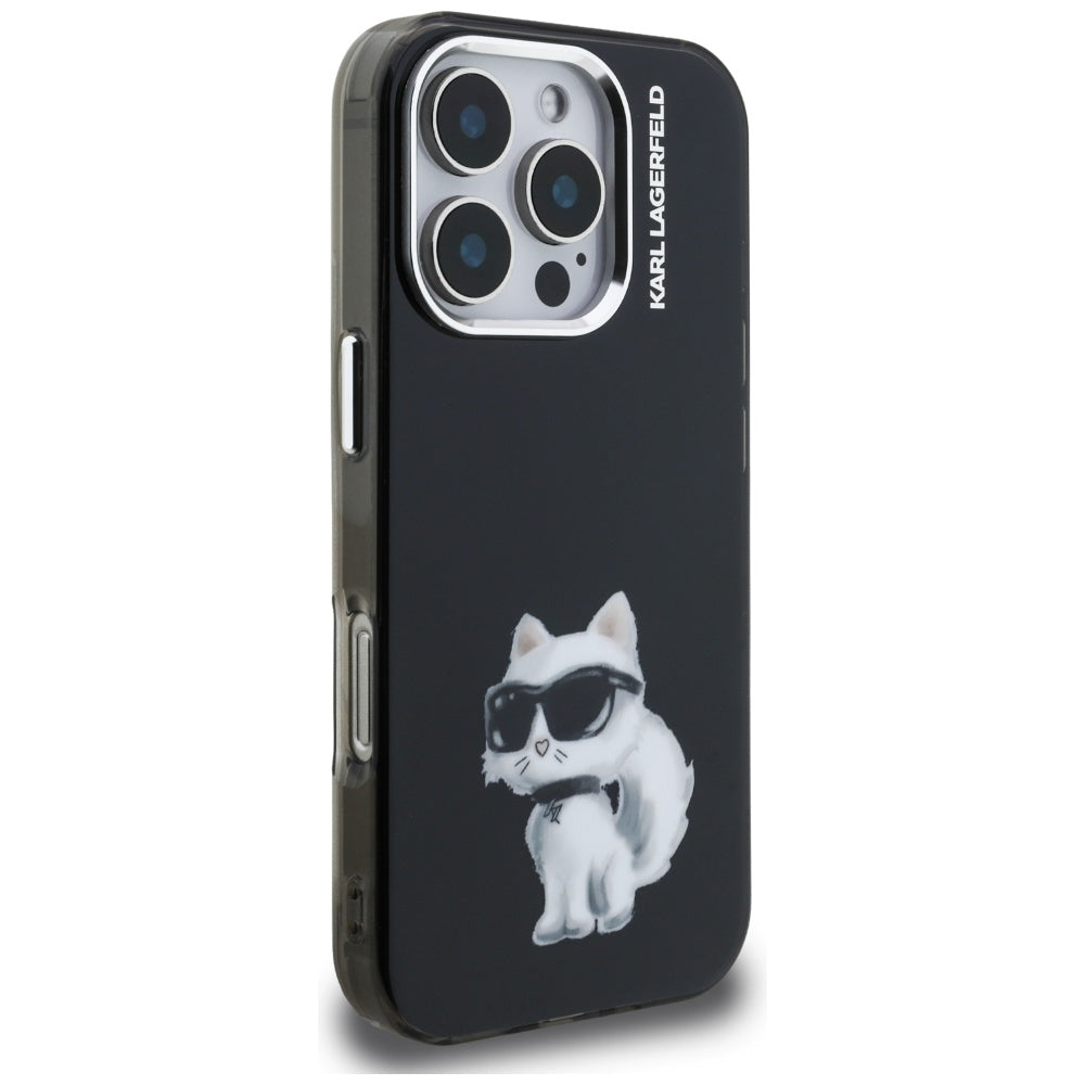 Kotelo Apple iPhone 16 Pro Max:lle, Karl Lagerfeld, IML Aquarelle Logo Choupette, Musta