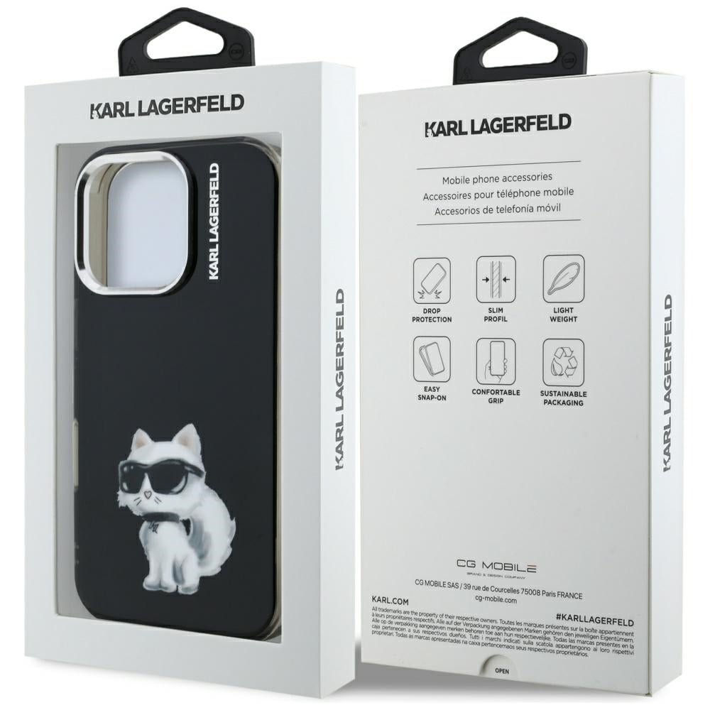 Kotelo Apple iPhone 16 Pro Max:lle, Karl Lagerfeld, IML Aquarelle Logo Choupette, Musta