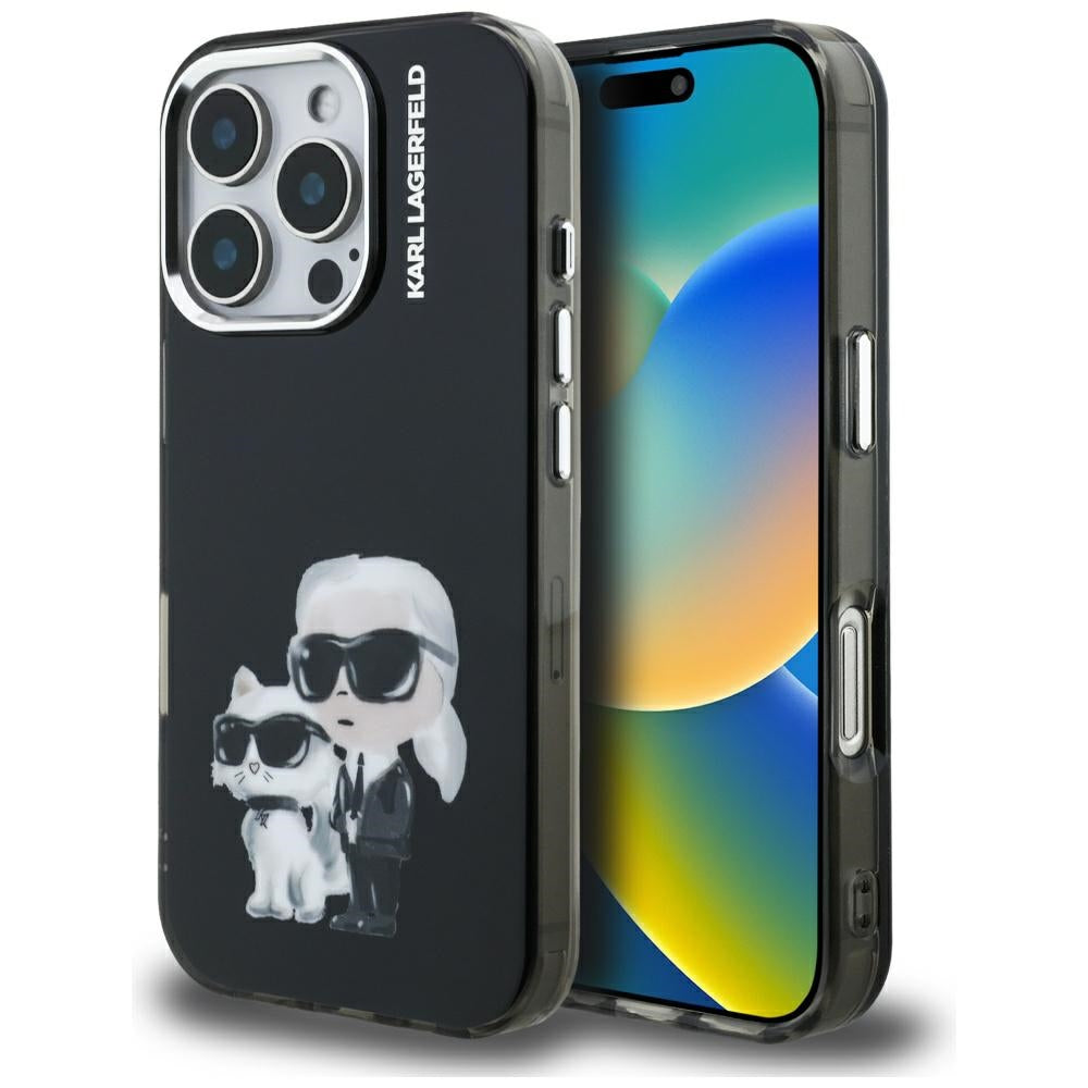Kotelo Apple iPhone 16 Pro Max:lle, Karl Lagerfeld, IML Aquarelle Logo Karl & Choupette, Musta