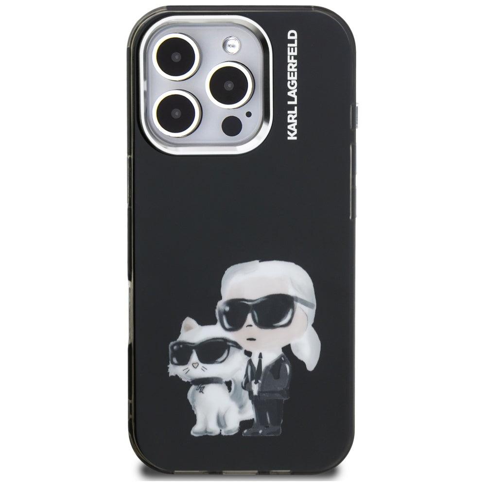 Kotelo Apple iPhone 16 Pro Max:lle, Karl Lagerfeld, IML Aquarelle Logo Karl & Choupette, Musta