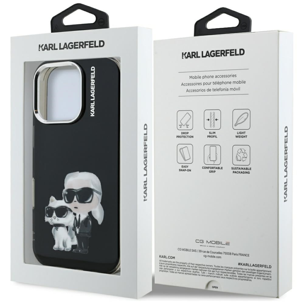 Kotelo Apple iPhone 16 Pro Max:lle, Karl Lagerfeld, IML Aquarelle Logo Karl & Choupette, Musta
