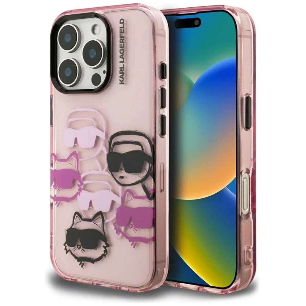 Kotelo Apple iPhone 16 Pro Max:lle, Karl Lagerfeld, IML Luxury Multi Head Pattern, Pinkki