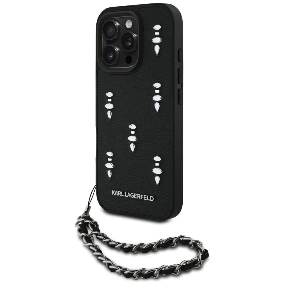 Kotelo Apple iPhone 16 Pro Max:lle, Karl Lagerfeld, Saffiano Crystals & Charm, Musta