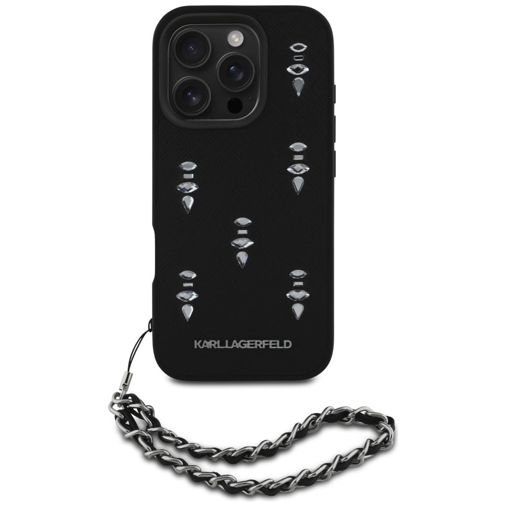 Kotelo Apple iPhone 16 Pro Max:lle, Karl Lagerfeld, Saffiano Crystals & Charm, Musta