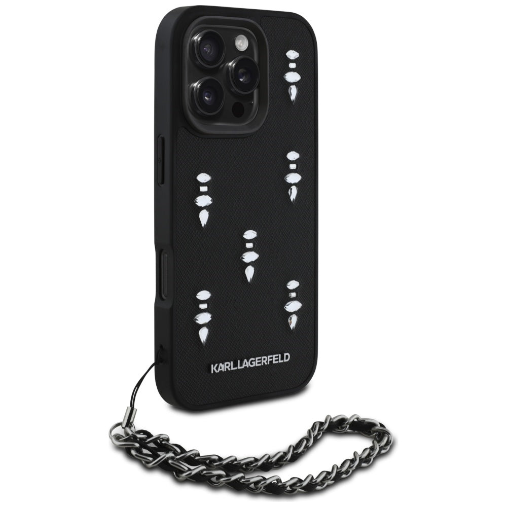 Kotelo Apple iPhone 16 Pro Max:lle, Karl Lagerfeld, Saffiano Crystals & Charm, Musta