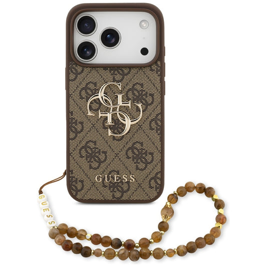Suojakotelo Apple iPhone 17 Prolle, Guess, 4G Classic Logo with Pearl Strap, Ruskea