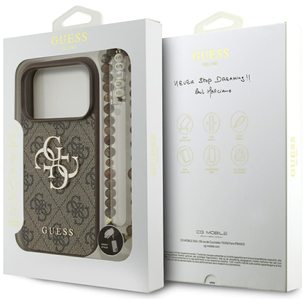 Suojakotelo Apple iPhone 17 Prolle, Guess, 4G Classic Logo with Pearl Strap, Ruskea
