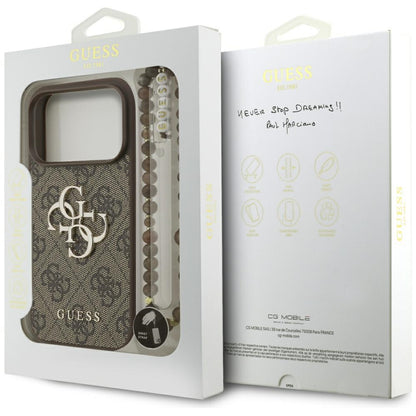 Suojakotelo Apple iPhone 17 Prolle, Guess, 4G Classic Logo with Pearl Strap, Ruskea