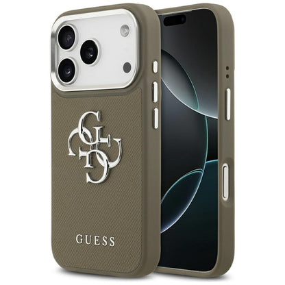 Case for Apple iPhone 17 Pro, Guess, 4G Grained Big And Classic Logo, Silver Brown