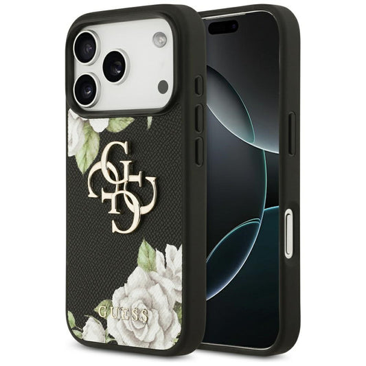Suojakotelo Apple iPhone 17 Prolle, Guess, 4G Grained Roses Big Logo, Musta
