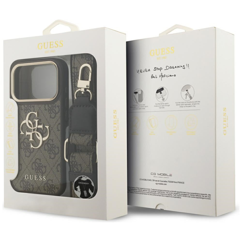Suojakotelo Apple iPhone 17 Prolle, Guess, Big 4G Classic Logo with Big Strap, Ruskea