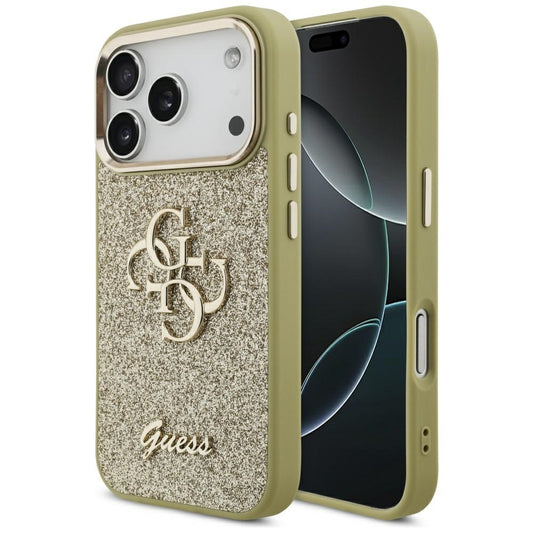 Suojakotelo Apple iPhone 17 Prolle, Guess, Fixed Glitter Big 4G Metal Frame, Kultainen
