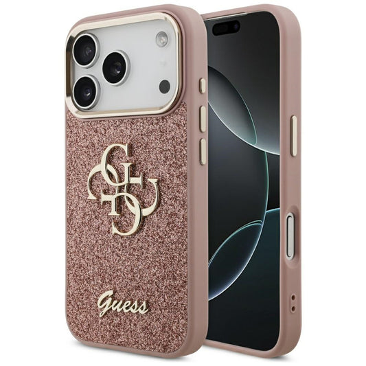 Suojakotelo Apple iPhone 17 Prolle, Guess, Fixed Glitter Big 4G Metal Frame, Pinkki