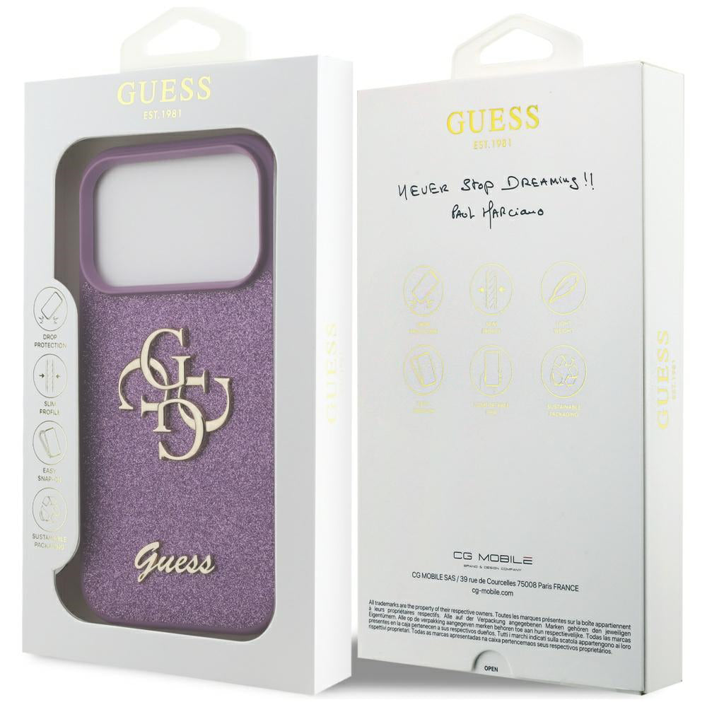 Suojakotelo Apple iPhone 17 Prolle, Guess, Fixed Glitter Big 4G, Violetti