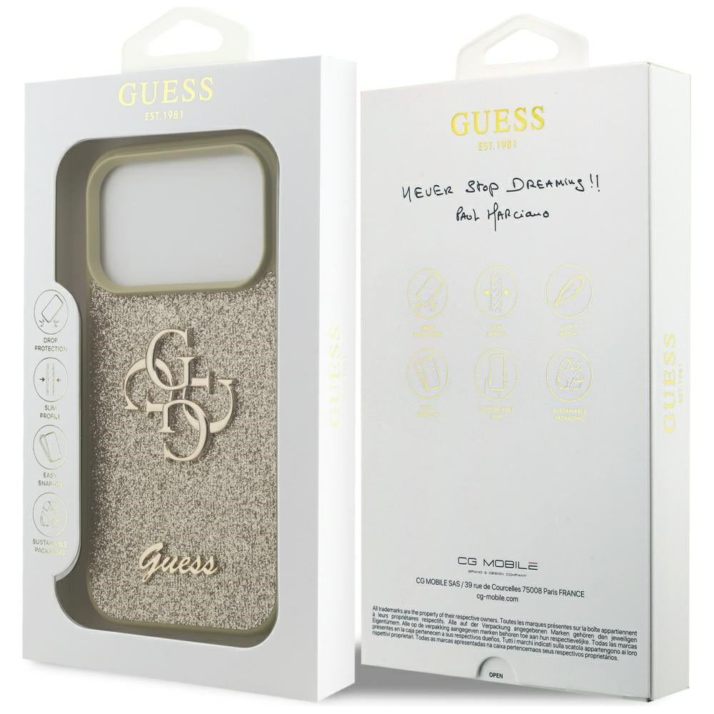 Suojakotelo Apple iPhone 17 Prolle, Guess, Fixed Glitter Big 4G, Pinkki