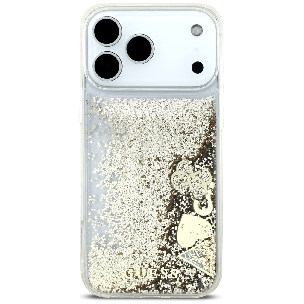 Suojakotelo Apple iPhone 17 Prolle, Guess, Liquid Glitter Charms, Kultainen