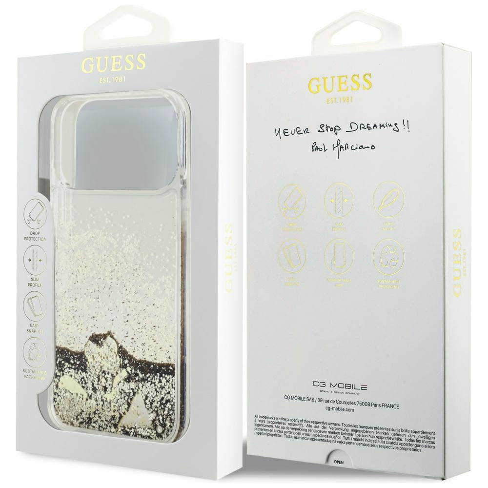 Suojakotelo Apple iPhone 17 Prolle, Guess, Liquid Glitter Charms, Kultainen