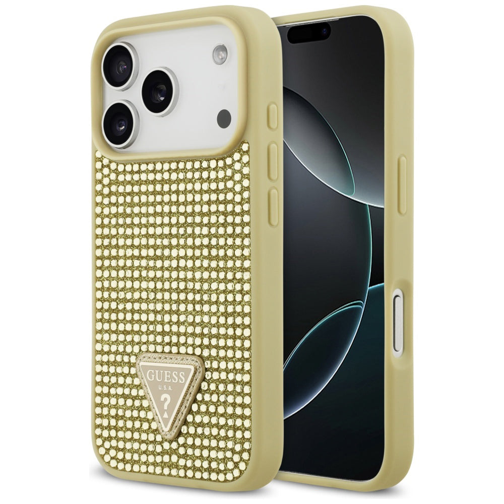 Kotelo Apple iPhone 17 Prolle, Guess, Rhinestone Triangle Logo, Kultainen