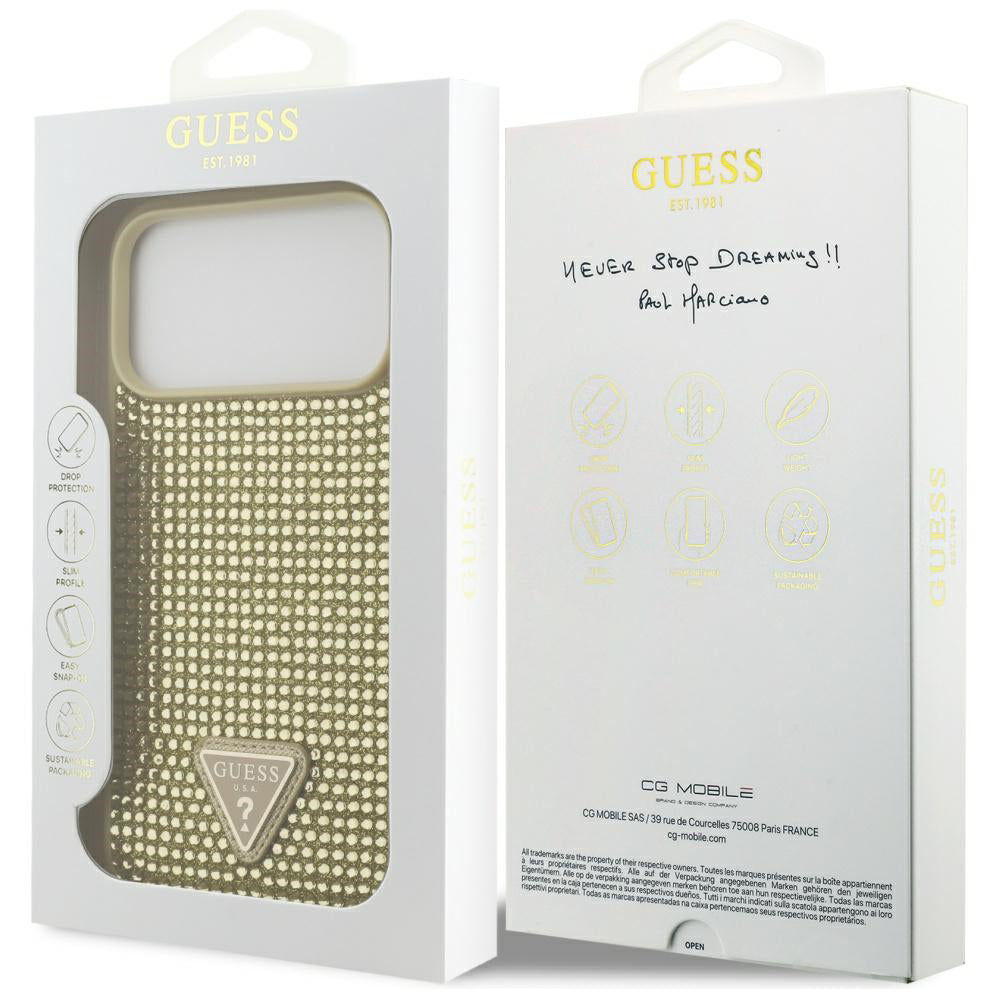 Kotelo Apple iPhone 17 Prolle, Guess, Rhinestone Triangle Logo, Kultainen