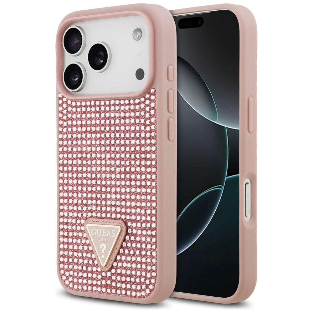 Kotelo Apple iPhone 17 Prolle, Guess, Rhinestone Triangle Logo, Pinkki