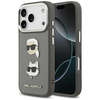 Kotelo Apple iPhone 17 Prolle, Karl Lagerfeld, Grained Karl & Choupette's Heads Pins and Logo, Harmaa
