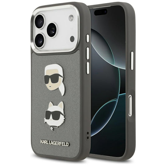 Kotelo Apple iPhone 17 Prolle, Karl Lagerfeld, Grained Karl & Choupette's Heads Pins and Logo, Harmaa